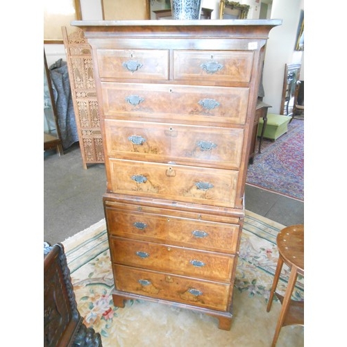 65 - A Georgian design walnut veneered and crossbanded chest on chest fitted two narrow and three wide dr... 