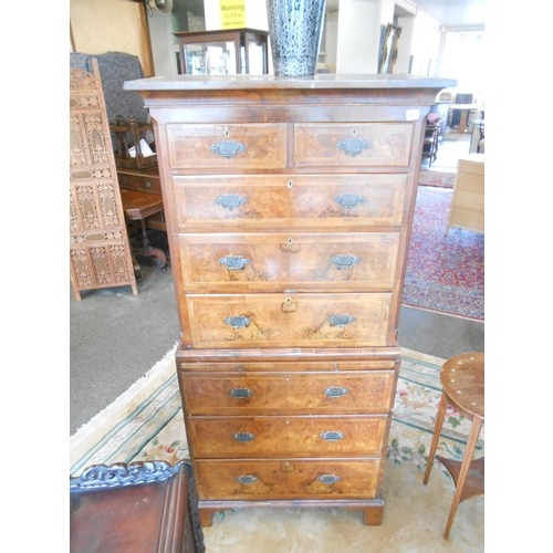 65 - A Georgian design walnut veneered and crossbanded chest on chest fitted two narrow and three wide dr... 