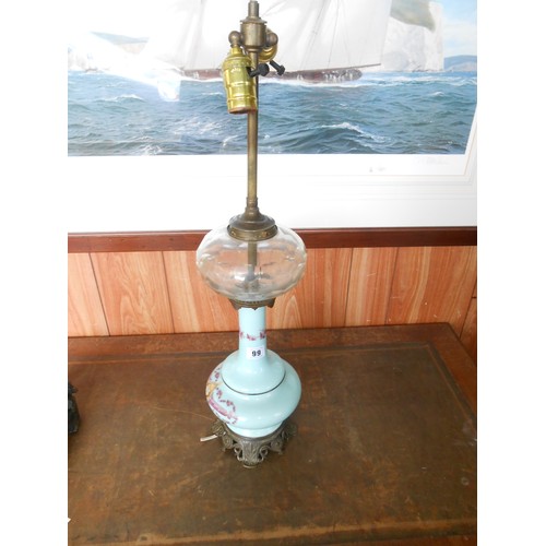 99 - A tablelamp base converted from an oil lamp with clear faceted reservoir and turquoise glass base, o... 