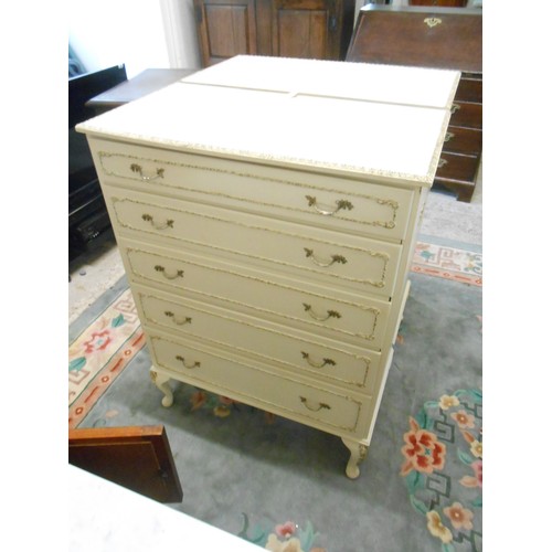 113 - A pair of cream and gilt chests, each fitted five drawers, on cabriole legs - 30in. wide