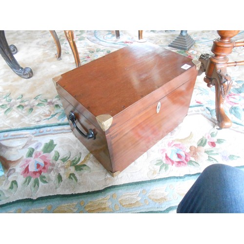 144 - A 19th Century mahogany and brass bound deed box, the end with carrying handles