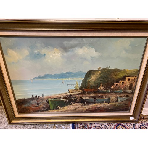 8 - Silver.  Oils on canvas - Continental beach fishing scene, gilt framed, three other oils and two pri... 