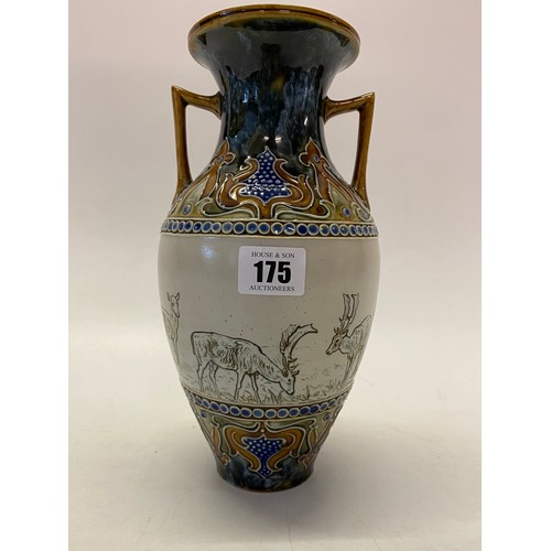 175 - A Doulton double handled vase decorated all round with deer, signed by Hannah Barlow - 9 3/4in. high