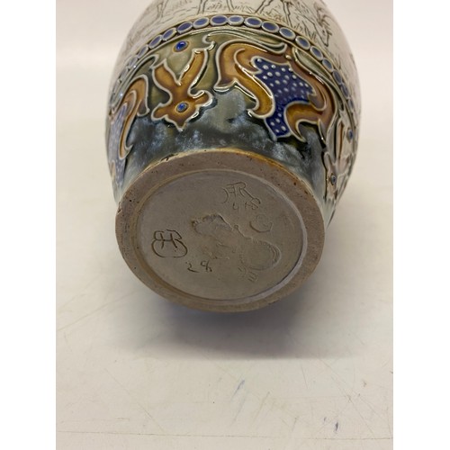 175 - A Doulton double handled vase decorated all round with deer, signed by Hannah Barlow - 9 3/4in. high