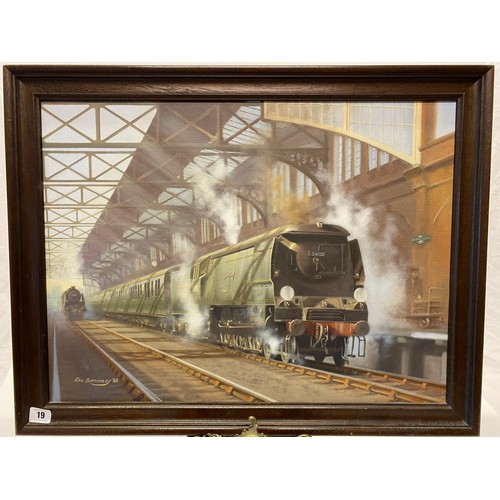 19 - Eric Bottomley 84.  A signed oil on canvas - Locomotive in Bournemouth station, framed - 17 1/2in. x... 