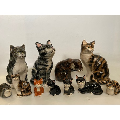 100 - Ten Babbacombe pottery models of cats in various sizes and a Toni Raymond model of a cat