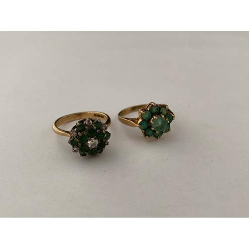 194 - A lady's cluster ring set green stones, on a 9ct. gold shank and one other lady's cluster ring set d... 