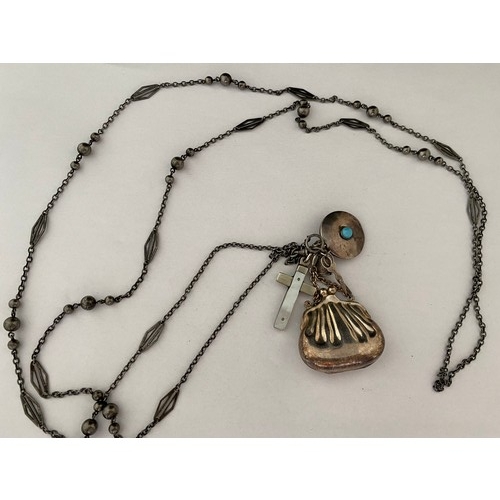 199 - A silver longguard hung with a silver and turquoise set locket, a silver coloured metal purse and a ... 