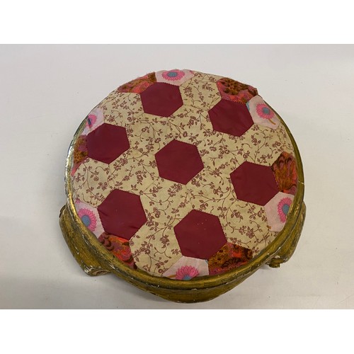 75 - A circular footstool with upholstered top, on gilded frame and three 19th Century wooden boxes