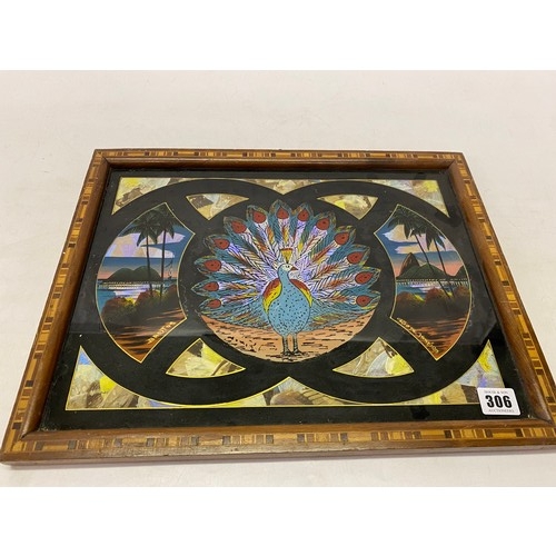 306 - A South American tray with inlaid decoration and butterfly wing decoration to the centre