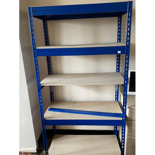 44 - A three bay Dexion style shelving unit in blue