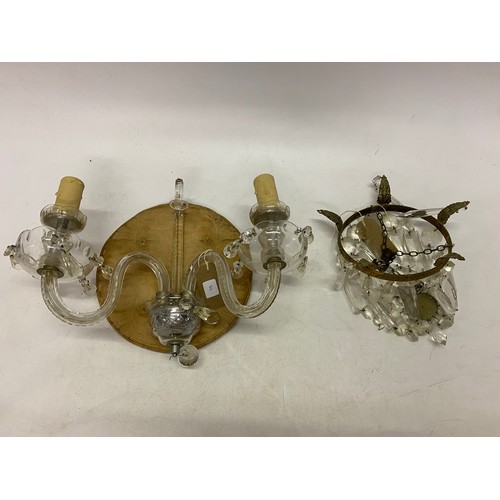 86 - A pair of four tier basket form ceiling light fittings with faceted drops, a clear glass twin branch... 