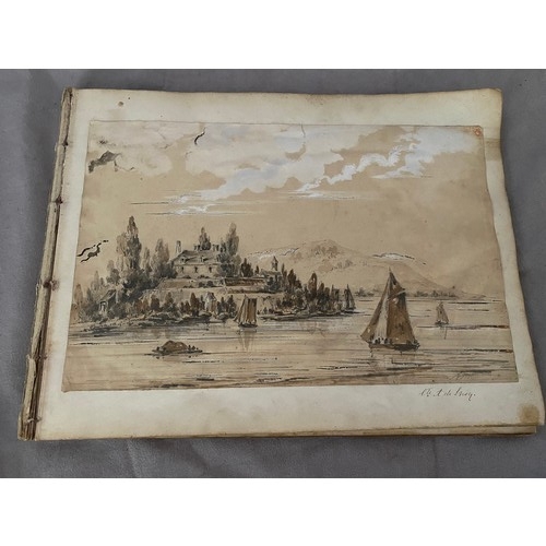 2 - An album of watercolours, pencil sketches and coloured engravings including landscapes, portraits et... 