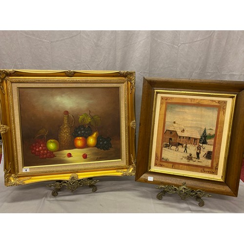 4 - B. Hammond.  Oils - Still life of fruit and a wicker covered bottle, gilt framed - 16in. x 19in. and... 