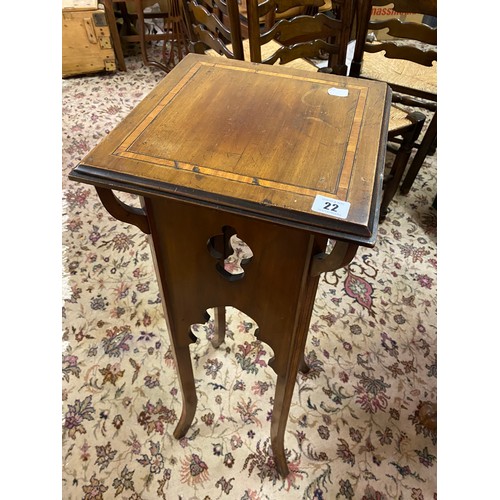 22 - An Edwardian mahogany and inlaid plant stand with square top, pierced frieze, on splayed legs - 12in... 