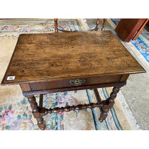 53 - An antique oak sidetable with rectangular top, frieze drawer, on bobbin turned legs and stretcher - ... 