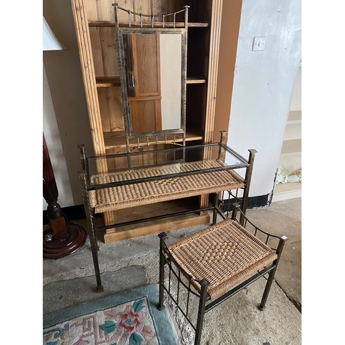 36 - A brushed metal dressing table fitted mirror, glass top and rush shelf under, on square legs - 39in.... 