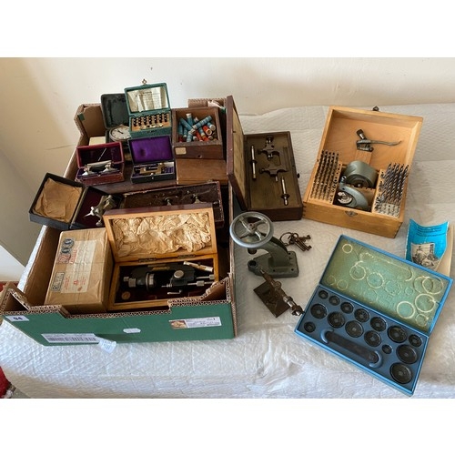 94 - Three watch makers Jacot tools, in leather cases, Boley press in fitted box etc..