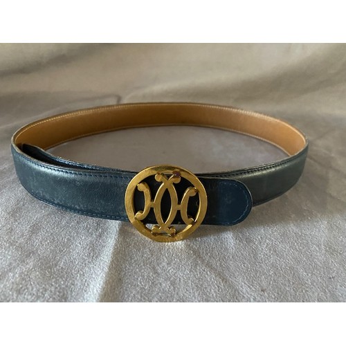 148 - A vintage Celine brown leather reversible belt with gilt metal clasp - 34in. long, a similar navy be... 