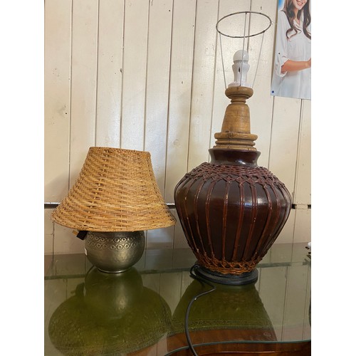 28 - A glazed terracotta food jar converted to a tablelamp with shade and a hammered metal tablelamp base... 