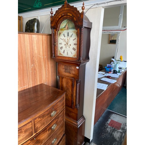 61 - A 19th Century longcase clock by Primavesi of Poole, circular enamel dial painted with a lady to the... 