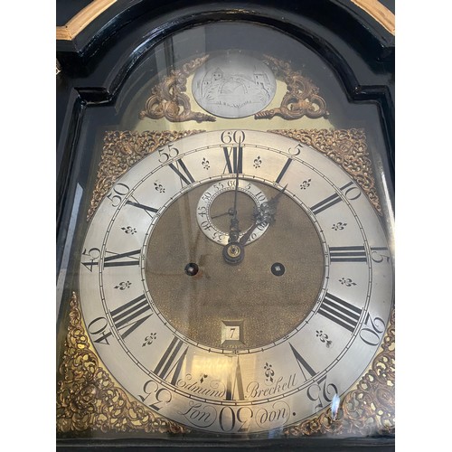 106 - An 18th Century longcase clock by Edmund Breckell of London with brass dial, pierced brass spandrels... 