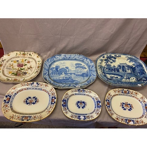 218 - A 19th Century blue and white meat plate decorated Camel pattern, a large meat plate decorated Willo... 