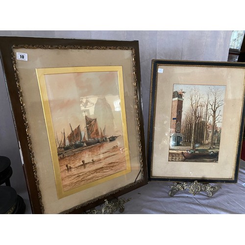 10 - Mortimer.  A watercolour fishing boats at low tide, framed and glazed and a watercolour of a barge a... 