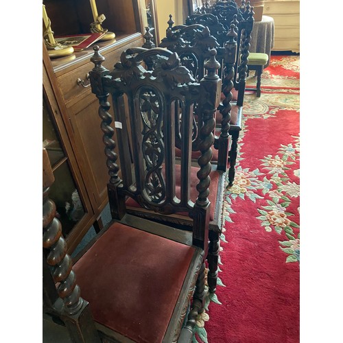 90 - A set of eight Victorian oak dining chairs with carved hop and vine leaf cresting rails, barley twis... 