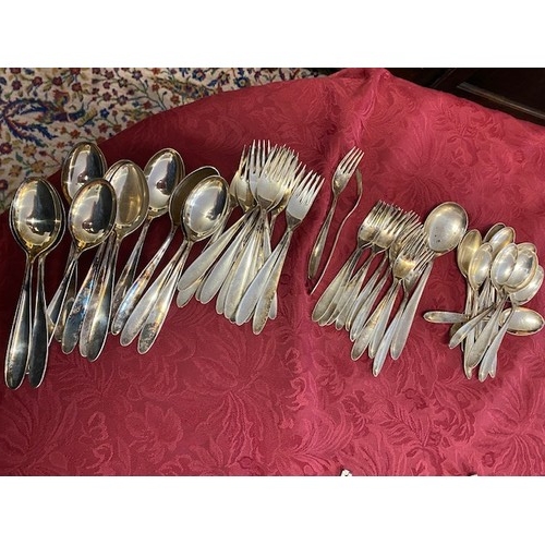 161 - Norwegian silver flatware by Magnus Aase comprising:- twelve dessert spoons, twelve forks, eleven ca... 