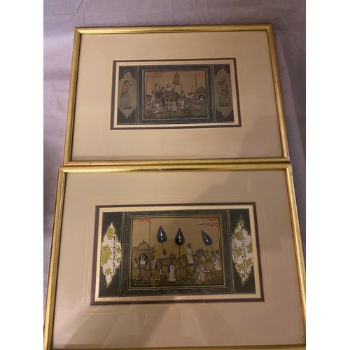 6 - Two Eastern paintings depicting a wedding procession with script to the borders, mounted, framed and... 