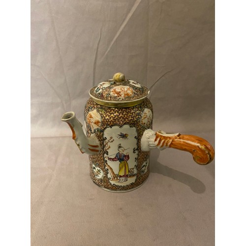 120 - A Cantonese hot chocolate pot decorated all round with figures, leaf clad handle