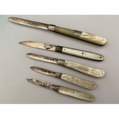 191 - Five 19th Century pen knives with silver blades and mother of pearl handles