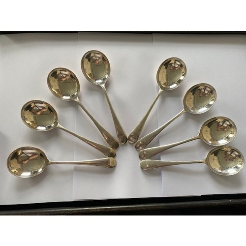 212 - A canteen of Viners silver flatware comprising:- eight soup spoons, four table spoons, eight dessert... 