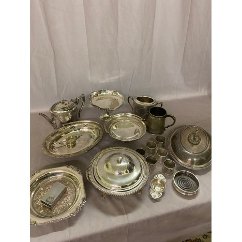 166 - A selection of plated items including two double handled trays, egg coddler, entree dish and cover, ... 