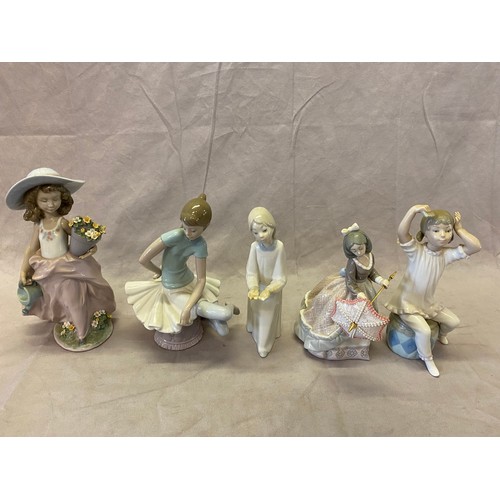 110 - Five Lladro figures of a girl with a parasol, a girl with on a pouffe, a girl in a nightdress (af), ... 