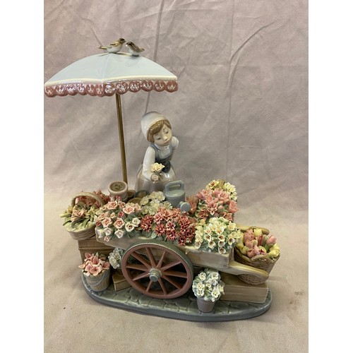 107 - A large Lladro group of a flower seller under a parasol, on wooden base - 9in. high