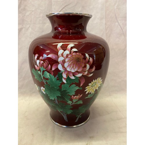 275 - A large modern Cloisonne vase, burgundy ground decorated chrysanthemums - 10in. high