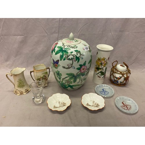 119 - A modern Chinese vase decorated flowers, a Port Meirion Botanic Garden vase, two Shelley pin trays, ... 