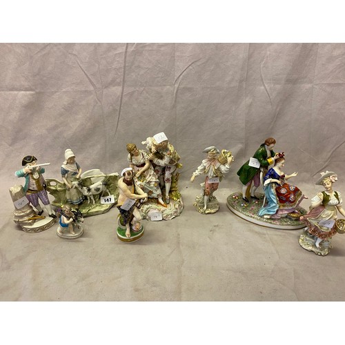 147 - Eight 19th Century figures including Bloor Derby, Meissen etc..