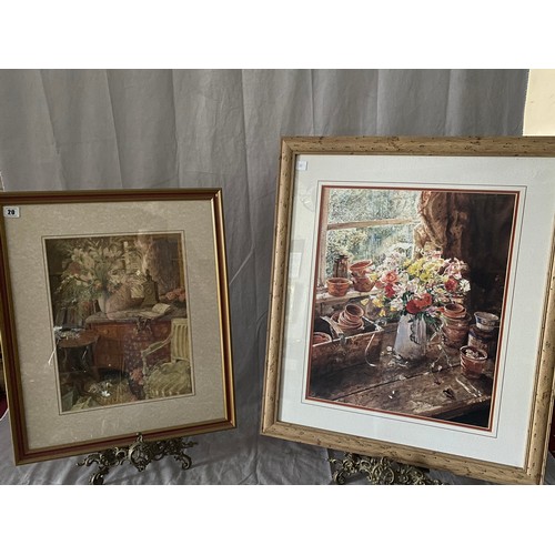 20 - Two coloured prints of interiors with plants, mounted, framed and glazed