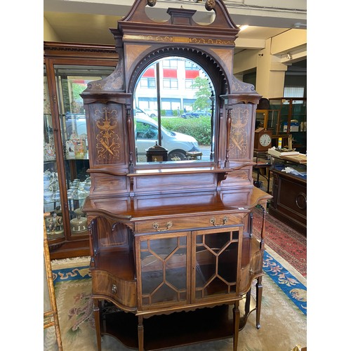 96 - An Edwardian mahogany and satinwood inlaid display cabinet, the upper part with scroll pediment, arc... 