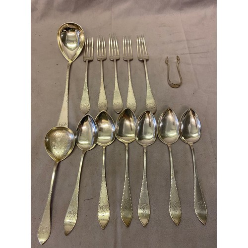 180 - Scandinavian silver flatware comprising:- six tablespoons, five table forks, two serving spoons and ... 