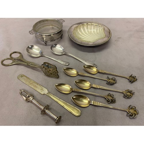 187 - A set of five Norwegian silver spoons with decorative handles and bowls, a silver plated butter dish... 