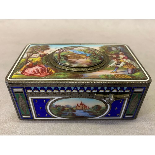 274 - A Continental singing bird box with all over enamel decoration of figures in landcapes, the sides in... 