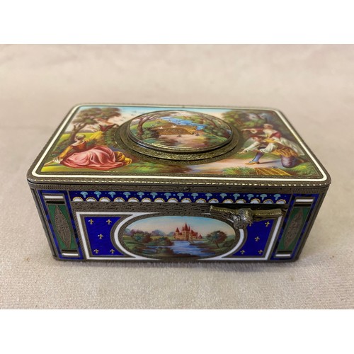 274 - A Continental singing bird box with all over enamel decoration of figures in landcapes, the sides in... 