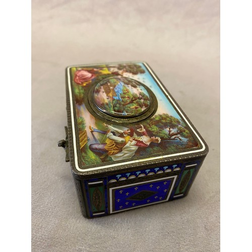 274 - A Continental singing bird box with all over enamel decoration of figures in landcapes, the sides in... 