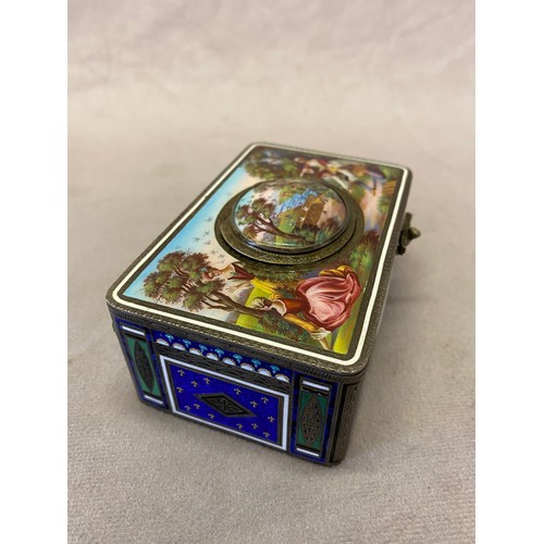 274 - A Continental singing bird box with all over enamel decoration of figures in landcapes, the sides in... 