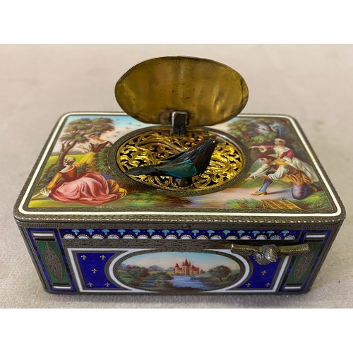 274 - A Continental singing bird box with all over enamel decoration of figures in landcapes, the sides in... 