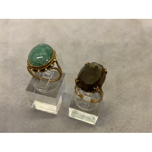 248 - A lady's ring set green hardstone, on a 9ct. gold shank and a lady's ring set smoky quartz, on a 9ct... 